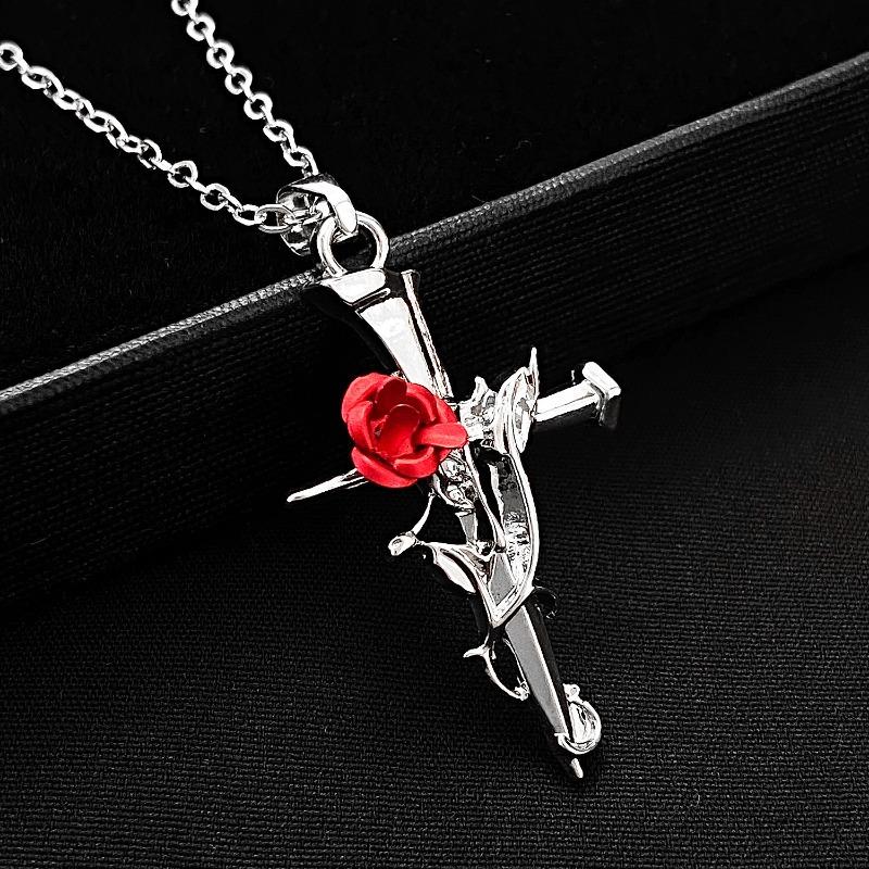 Punk Gothic Red Rose Vine Cross Pendant Necklace for Women Men Vintage Rock Cool Silver Color Cross Chain Party Jewelry Gifts