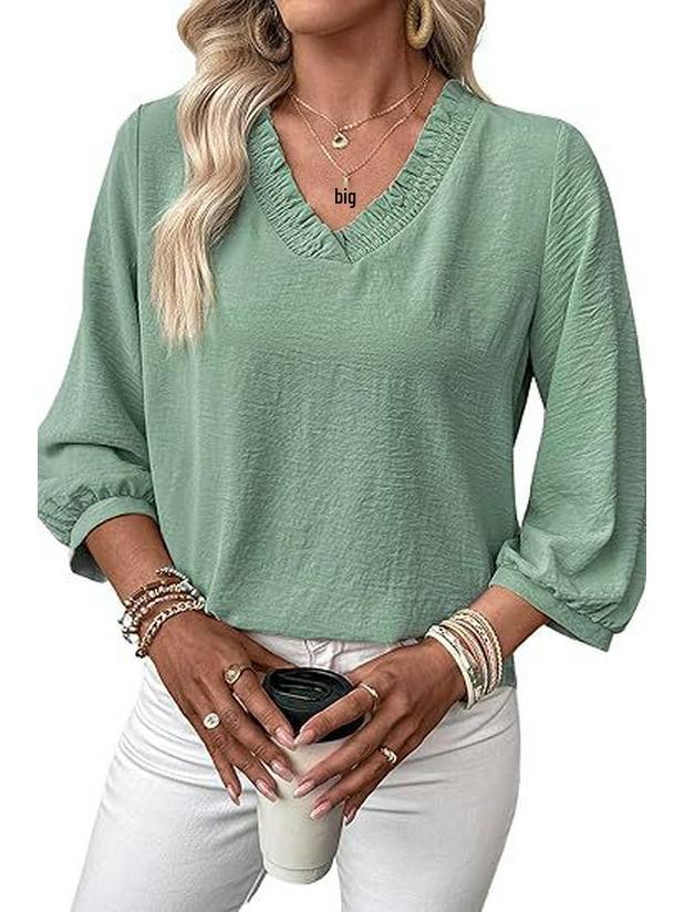 Women's V-Neck Ruffled Blouse - 3/4 Sleeve Loose Casual Shirt