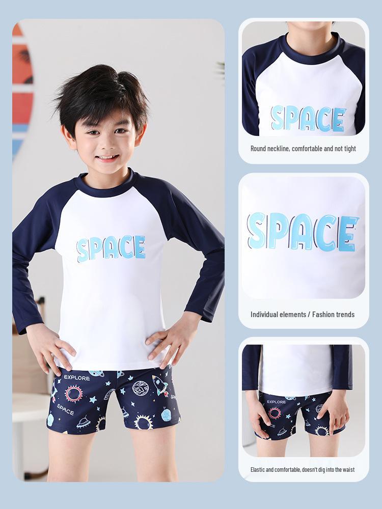 Sun Protection Quick-Dry Boys' Long Sleeve Swimsuit Set with Swim Trunks
