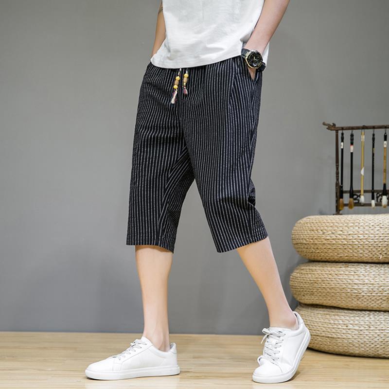Men's Casual Versatile Striped Summer Sports Cropped Breeches Mid-trousers Loose Cotton Linen Beach Pants