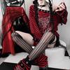 2KWEIRD Harajuku Punk Striped Print T Shirts Y2k Gothic Girls Off Shoulder Blue Red Loose Butterfly Letter 2000s Subculture Grunge Tees