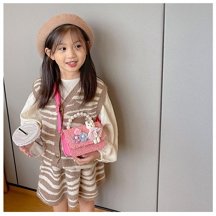 New Girls' Pearl Tweed Handbag: Trendy Little Flower Princess Crossbody Bag