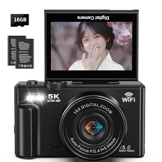 Keculbo Digital Camera 5K 75MP WIFI Sends Smartphone Auto Focus 3.0 Inch 180 Degree Rotating Screen Micro SD Card Black 18x Zoom Transfer Function AF