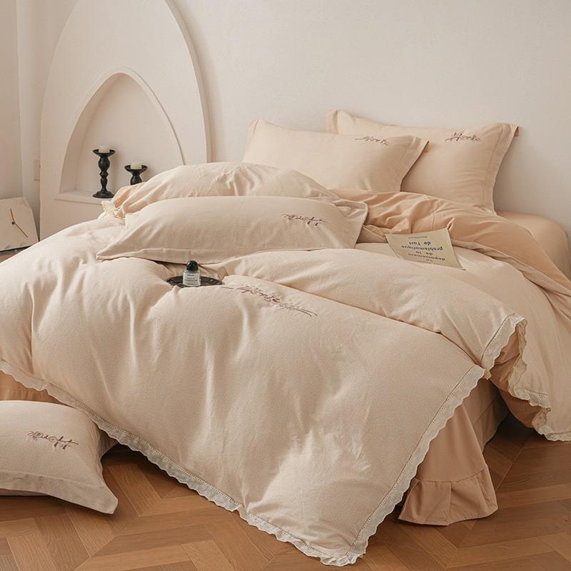 100% Cotton Brushed Bedding Set French Lace Embroidered Soft Breathable All Season Bed