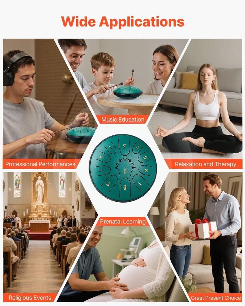 Steel Tongue Drum, 16.5cm 11 Notes Rain Drum for Outside Garden, D Major Musical Drums with Music Book & Mallets, Percussion Instrument for Meditation