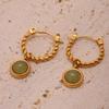 Stainless Steel Gold Color Zinc Alloy 18K Luxury Earrings for Women Natural Green Agate Round Dangle Earrings Ladies Vintage Zircon