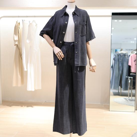 V253PSA919 Waist Banded Wide Denim Pants