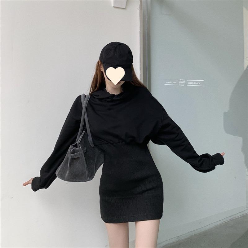 2025 New Design Light Mature Hepburn Style Black Sweatshirt Dress for Women Autumn and Winter