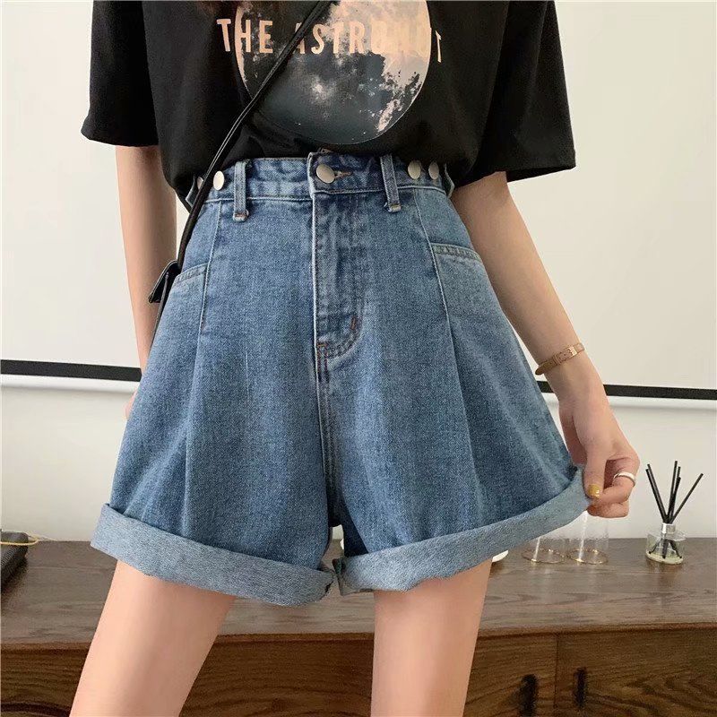 WTEMPO Big Pocket High Waist  Loose Wide Leg A-line Denim Shorts Women Casual Street Wear Party