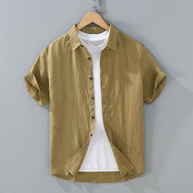 Foreign Trade Surplus Pure Linen Short-Sleeve Shirt for Men, Summer Loose Breathable Solid Color High-End Shirt, Vintage Square Collar Top
