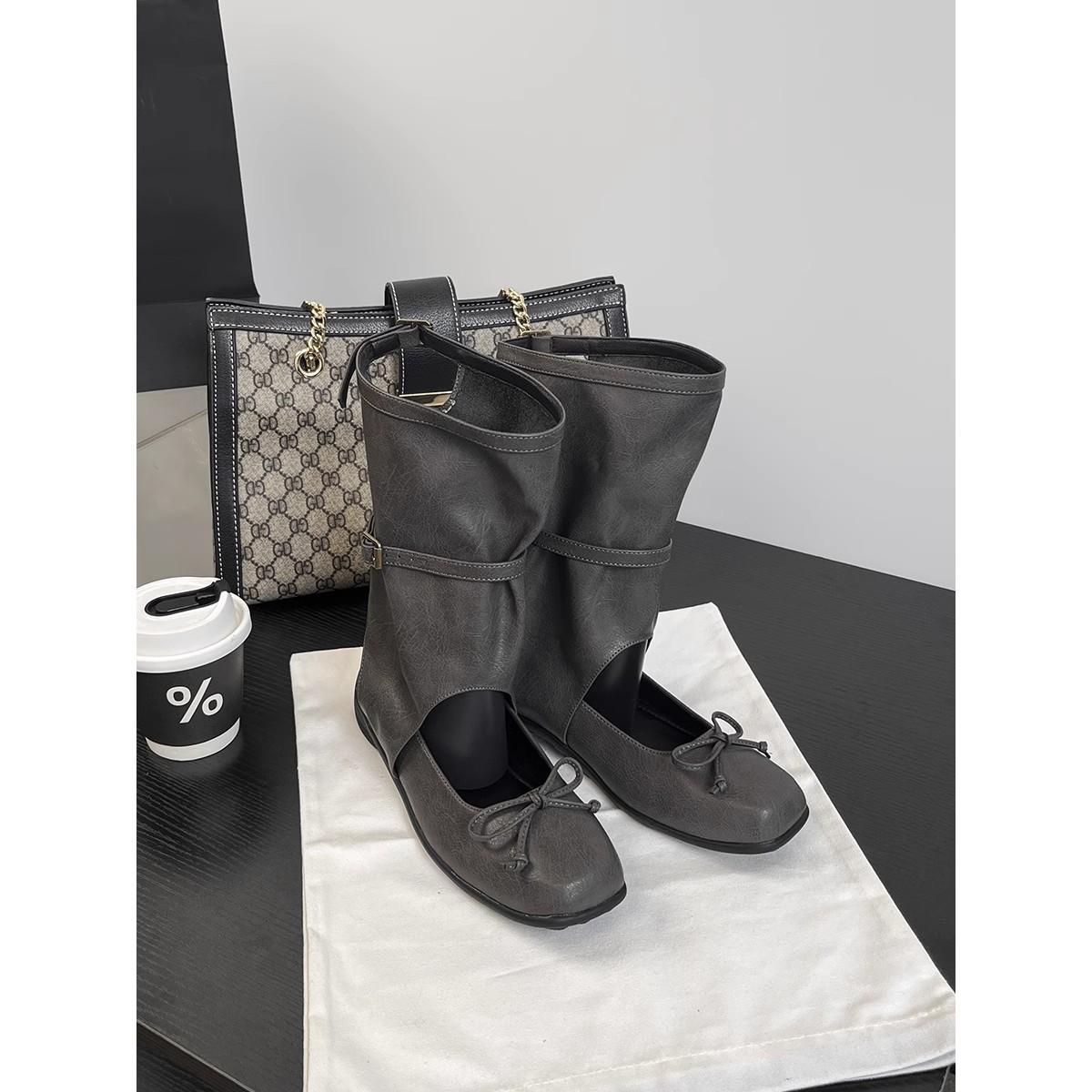 

Ballet style square head cool boots women s thick heel thick bottom hollow bow niche design fashionable short boots 40 чёрный