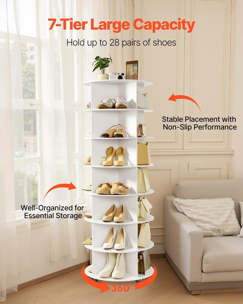 7 Tiers Rotating Shoe Rack Tower with Wheels, Movable 360° Spinning Carousel Display, Lazy Susan Organizer Closet Shelf for Living Room, Entryway,
