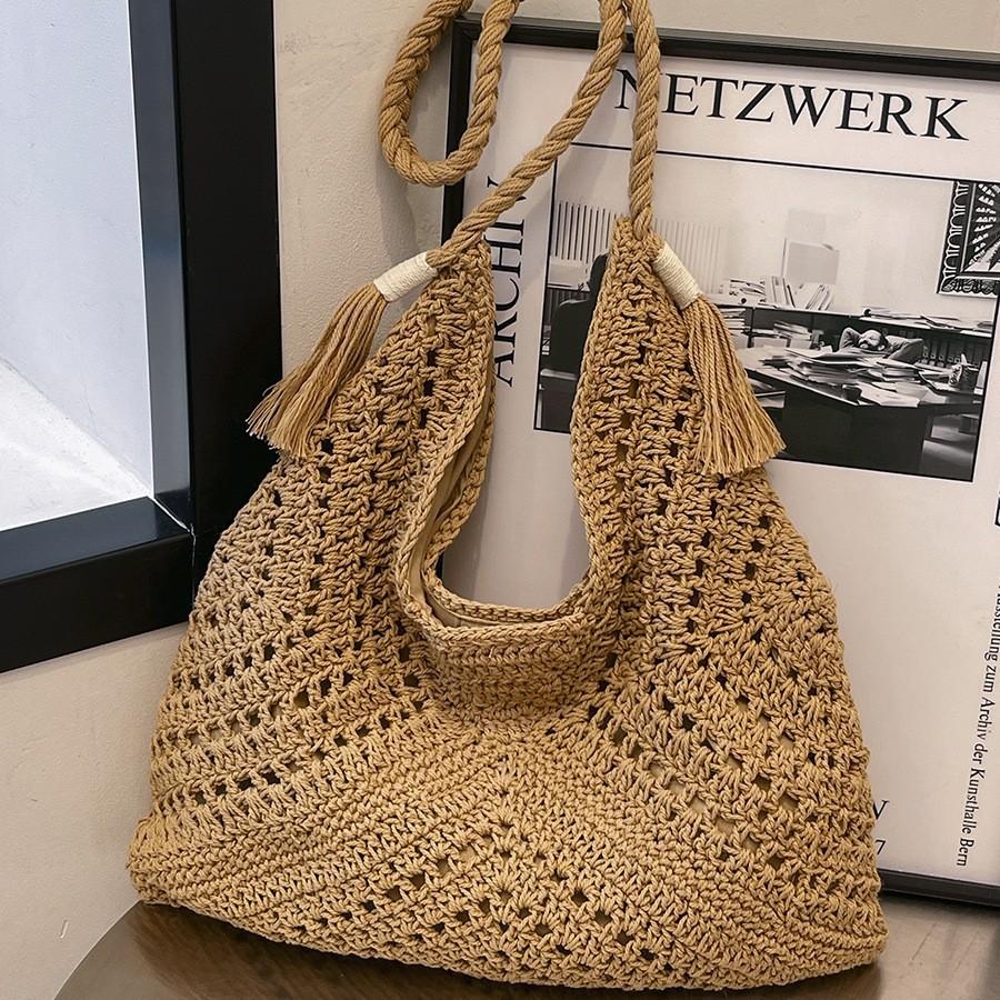Geantă Tote din Paie Împletite pentru Femei Capacitate Mare Geantă Împletită Geantă Nouă cu Franjuri din Paie pentru Femei Vacanță la Malul Mării Plajă Timp Liber Geantă de Umăr/Axilă