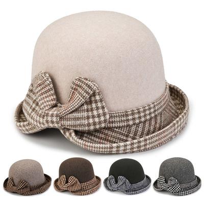 Elegancki kapelusz typu Bucket z kokardką w kratę klasyczny styl francuski jednokolorowe kapelusze umywalkowe Vintage grube kapelusze Fedoras dla kobiet jesień i zima