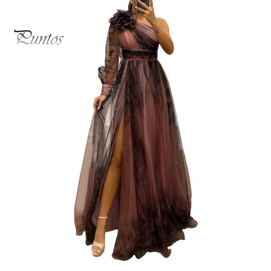 

Женское вечернее платье с 3D-цветочным декором на одно плечо, плиссированное, сетчатое, банкетное платье, одно плечо, длинный рукав, тонкая талия, А-силуэт, длина до пола, разрез, подол, шар S розовый