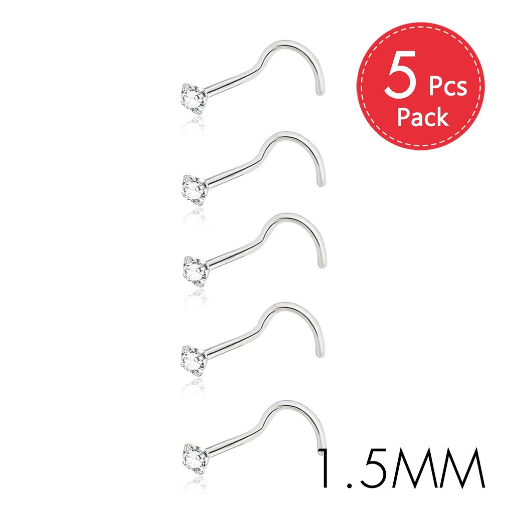 5Pcs CZ Gem Stainless Steel Nose Piercing Stud Crystal Nariz Body Jewelry S L Bone Shape Nostril Rings for Women Girl 20g 0.8mm