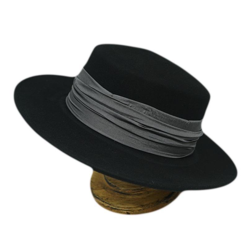 French Elegant Retro Black Woolen Flat Top Top Hat Women'S Autumn And Winter British Retro Versatile Wide Brim Felt Foreign Trade