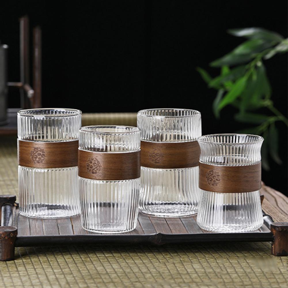 400ML Japanese Style Glass Water Cup with Walnut Cup Sleeve Coffee Milk Tea Cup Simple Striped Beer Mug Drinkware Coffeeware