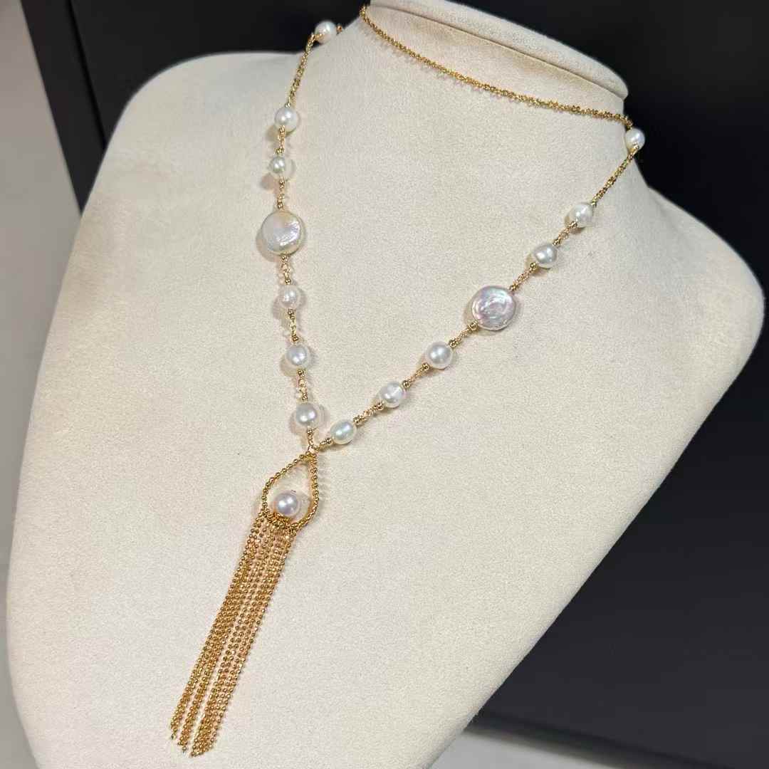 Handmade New 11-12MM Freshwater Button Baroque Pearl Necklace with 6-7MM Freshwater Pearl Necklace Sweater Chain Included 70 cm