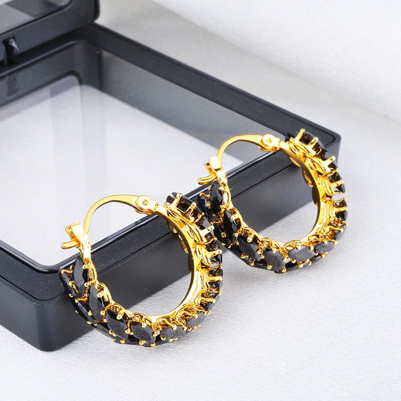 2026 European Gothic Black Zircon Hoop Earrings - Vintage Gold Plated Marquee Crystal Ear Buckles for Women Light Luxury Jewelry