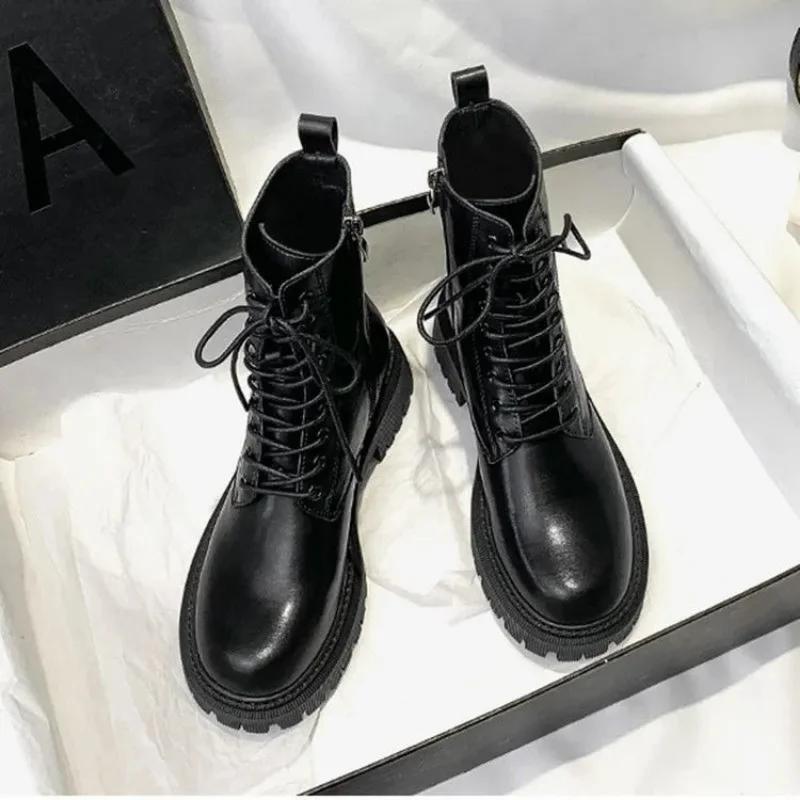 Brown Pu Leather Ankle Boots for Women 2026 Autumn Winter Short Plush Motorcycle Boots Woman Vintage Lace Up Zipper Shoes