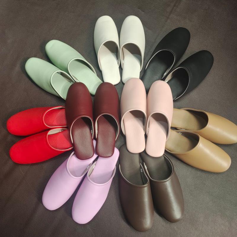 Spring & Autumn Lambskin Leather Slippers - Japanese Style Indoor Couple Slippers for Home & B&B Vacations