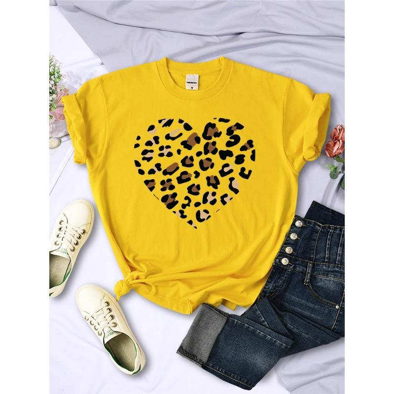Sommer Rundhals 3D Leopard Herz Print Top Modische Lässige Kurzarm Damen T-Shirts