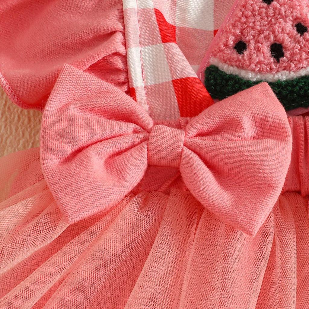 Sweet Baby Girl Fruit Flower Mesh Patchwork Dress with Lace Trim, Bowknot, Harem Skirt, and Hair Tie.
