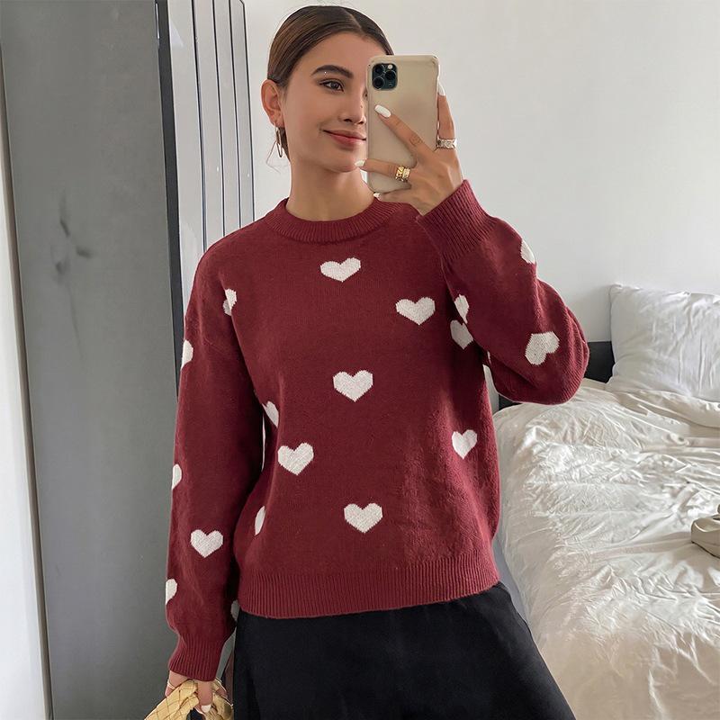 TEMU Europe 2026 Autumn/Winter Mature Style Knitwear: Heart Jacquard Round Neck Loose Sweater