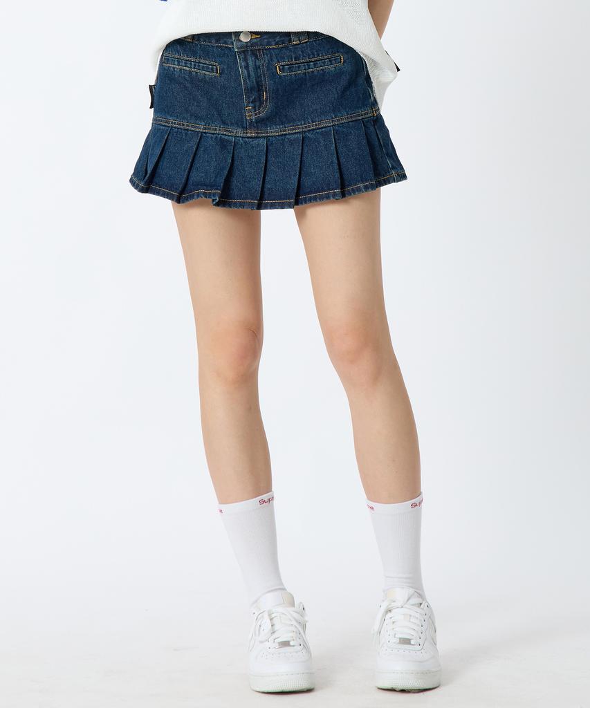 ANDTHEOTHER Pleated Denim Mini Skirt Blue