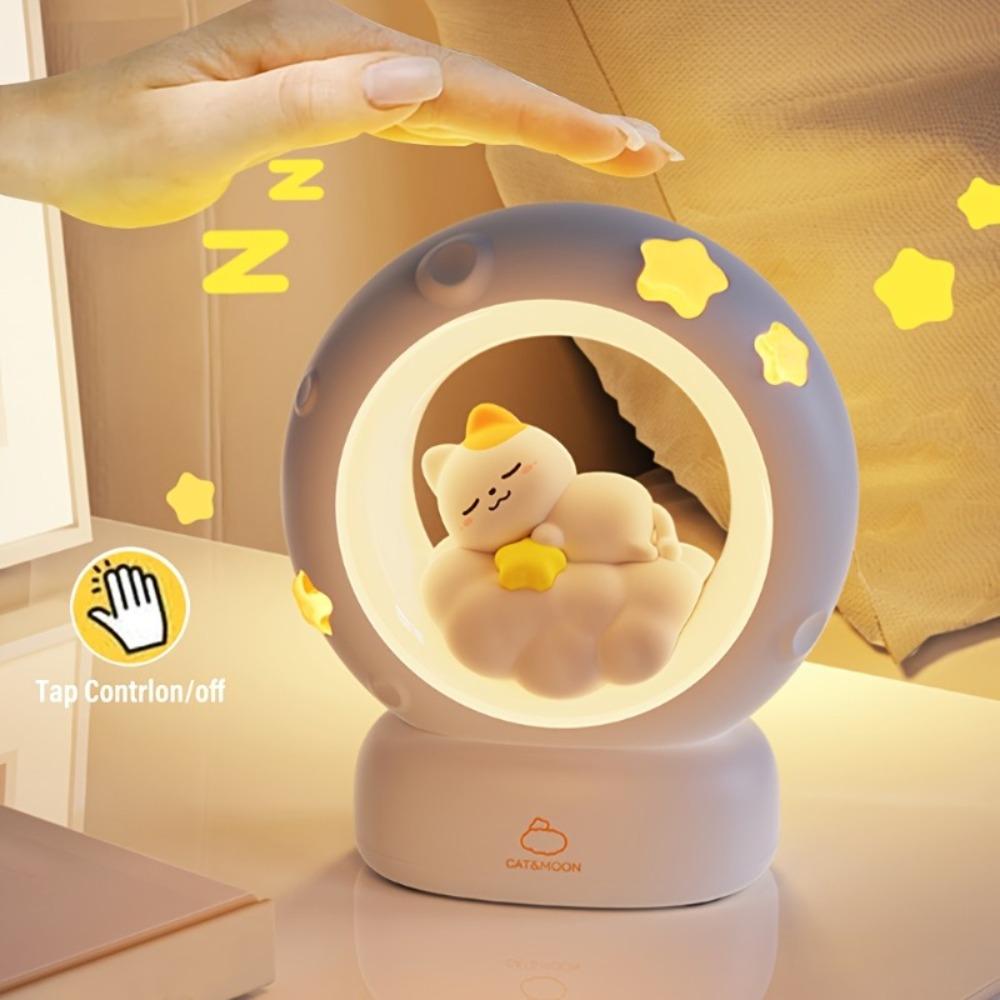 Moon and Cat  Rechargeable Night Light with Tap Control & 3 Brightness Levels - Cute Cat & Moon Bedside Lamp for Toddler Room