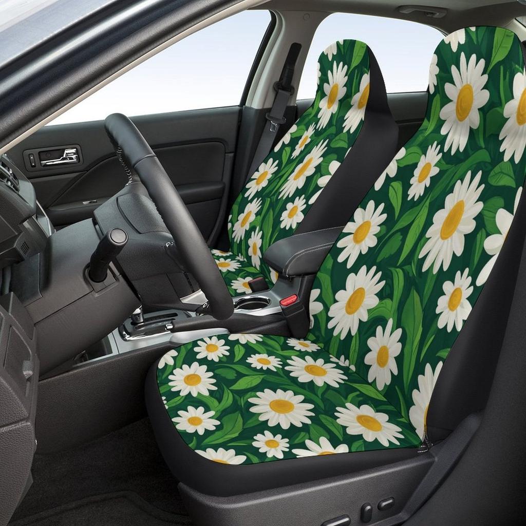 Daisy Pattern Themed Car Seat Covers Set For Most Cars, Fashionable Decorative Car Seat Protector Covers Full Set, Universal Car