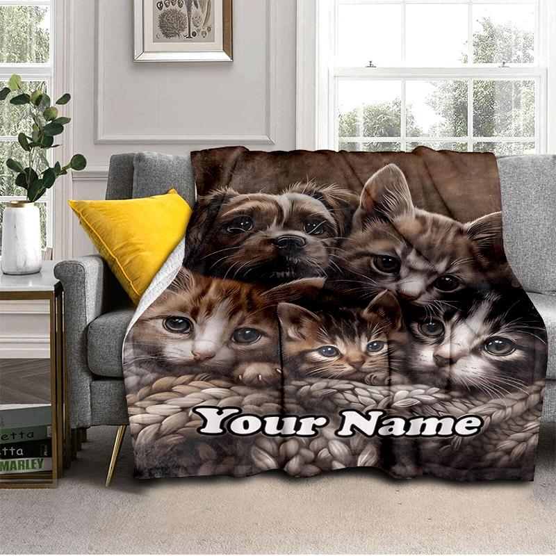 1PC Custom Name Kittens Puppies Together Flannel Blanket Versatile, All-season Throw Suitable for the Living Room, Bedroom, Camping, Travel, and Gift