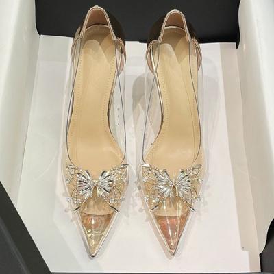 New Style Fashion Pointed Crystal Fairy Ladies Wind Sandals Rhinestone Butterfly-knot Transparent High Heel Women Sandals