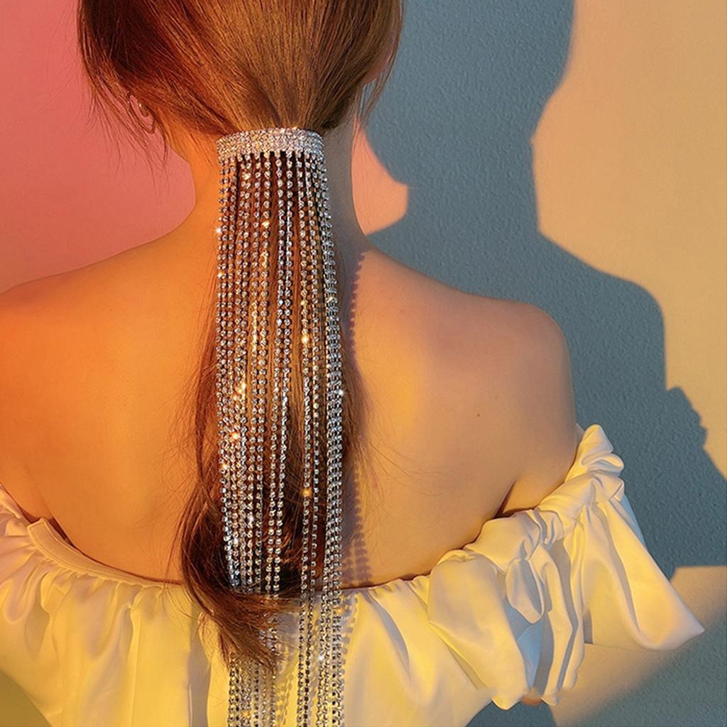 Strass Ponail Haarspange Quaste Strass Mode Haarnadel Haaraccessoires Kopfschmuck Haarspange Accessoires für Mädchen Frauen Silber 39cm