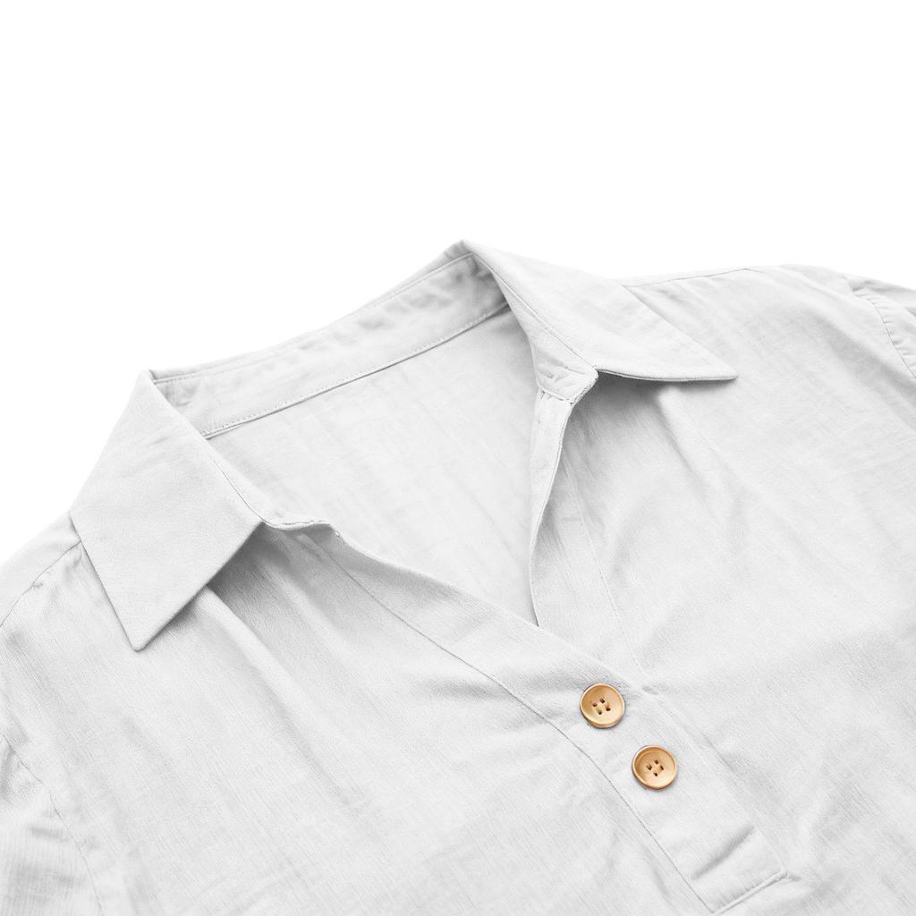 Women's Seven-Sleeve Cotton Linen Lapel Shirt - Solid Color, Casual, Breathable