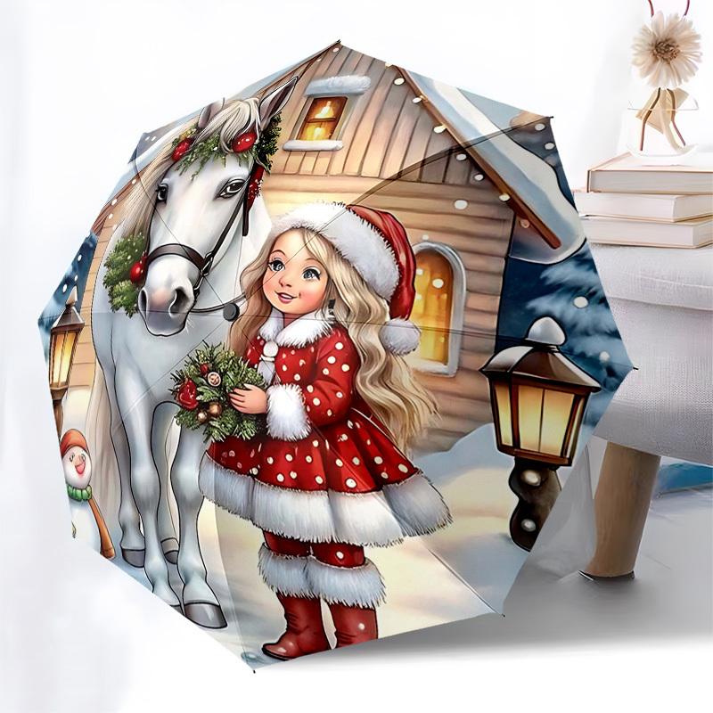 

1pc Christmas Horse & Girl Scene with Festive Wreath, Auto Open Close Umbrella, Portable 3-Fold Design, 8-Rib Iron Frame Outdoor Umbrella, Perfect Hol