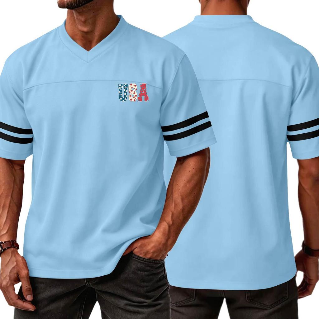 Men V Neck Short Sleeve Jersey Top with USA Independence Day Print and Striped Sleeve Athletic Casual Style Shirt for Sports and Daily Wear