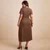 Large size women's clothing summer deep V-neck bat sleeves waist and thin temperament coffee break long dress