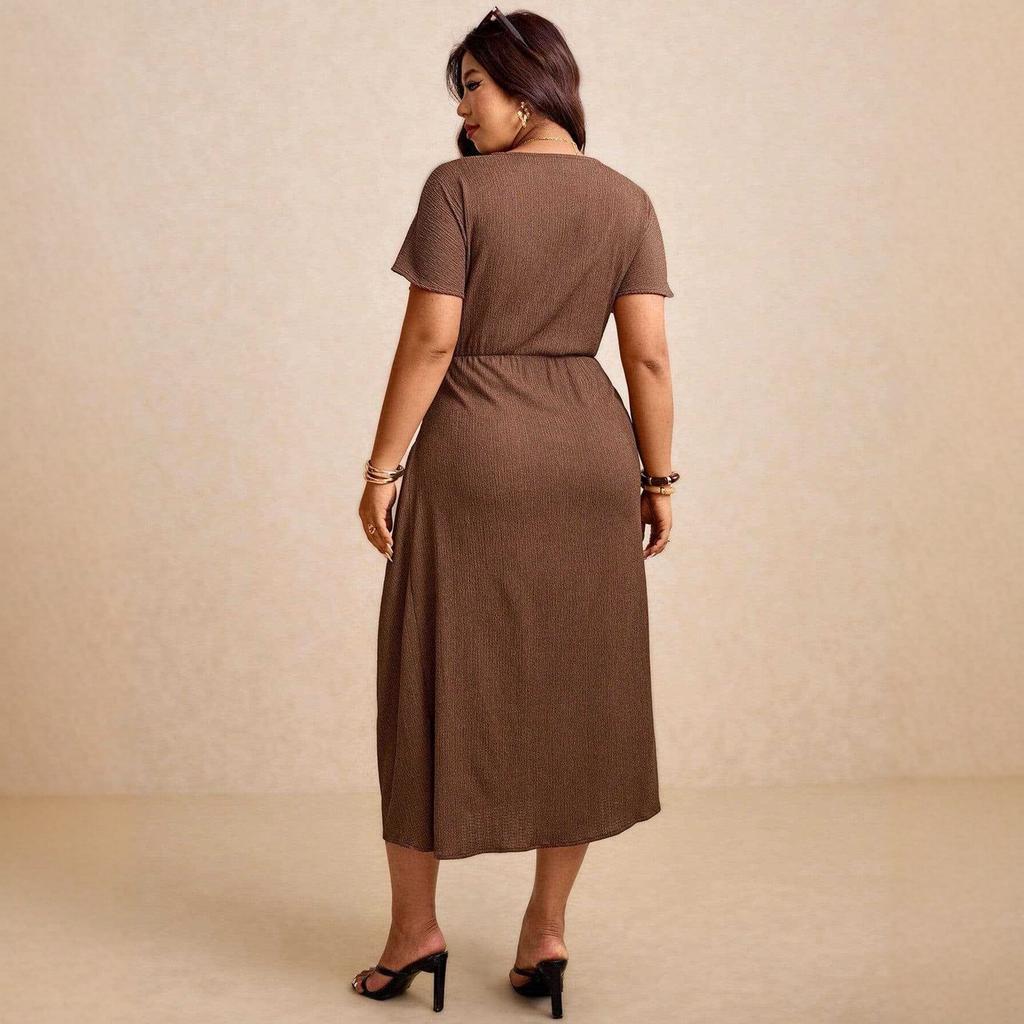 Large size women's clothing summer deep V-neck bat sleeves waist and thin temperament coffee break long dress