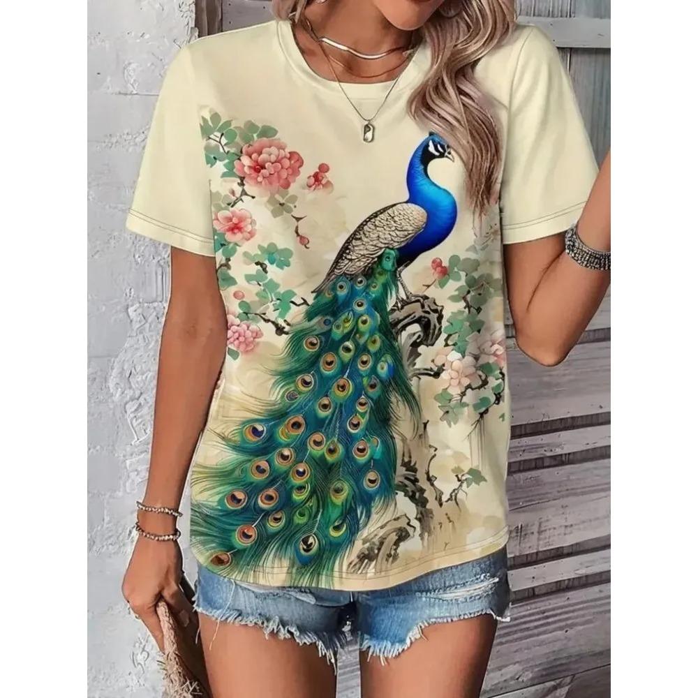 Dames T-shirt 3D Patroon Gedrukt Casual Korte Mouw Ronde Hals Top Modieuze Straat Dameskleding
