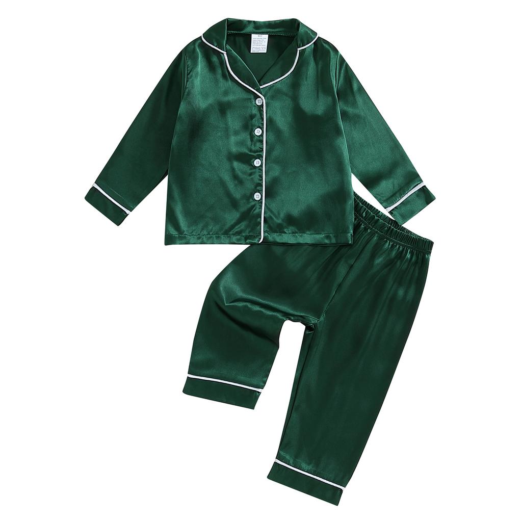 Kids Pajama Sets Contrast Color Trim Long Sleeve Lapel Neck Button-up Tops Long Pant Loungewear Set