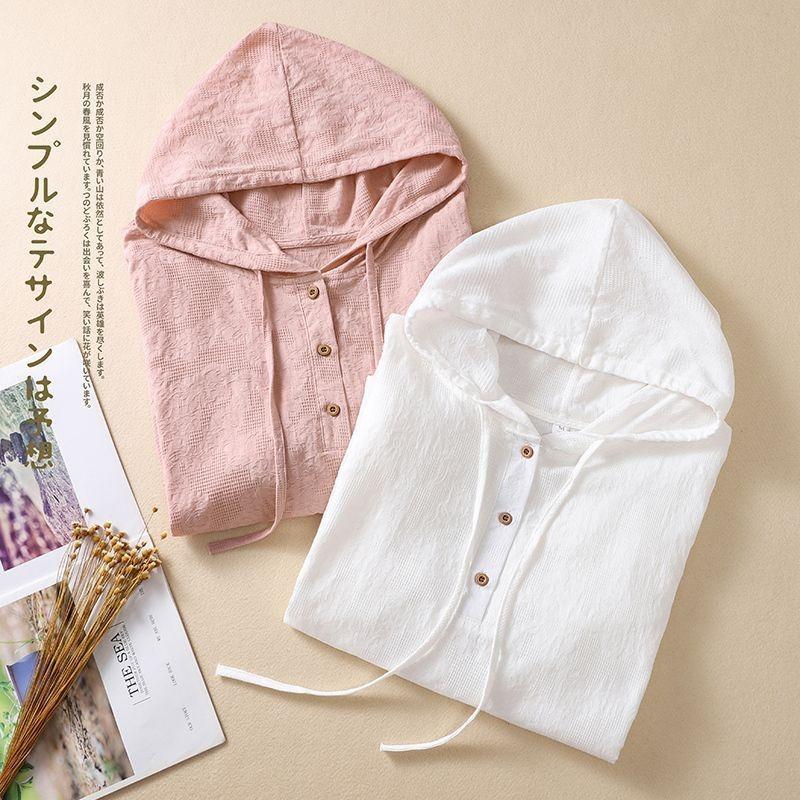 T-shirt Ricamata Jacquard in Cotone e Lino a Maniche Corte da Donna Estiva Sottile Traspirante con Cappuccio Taglia Larga Camicia in Lino