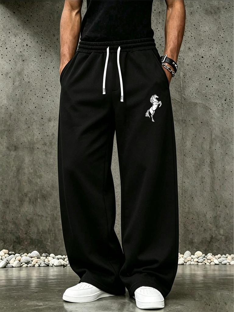 Casual Men Drawstring Waist Trousers, Wide Leg Sweatpants with Side Pockets for Leisure Time and Daily Strolls