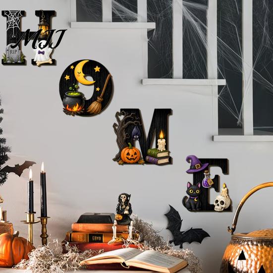 Holiday Home Accents Halloween HOME Letter Wall Hanging Ornament, Wooden Festive Decor with Ghost Skull Party Supplies Pumpkin Black Cat Bat Elements