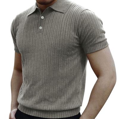 Pánské jednobarevné pruhované topy s krátkým rukávem a klopami na knoflíky Pánské ležérní módní topy