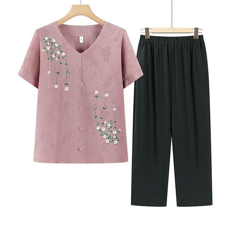 Summer Two-Piece Set for Middle-Aged and Elderly Women: Short-Sleeved T-shirt and Top.