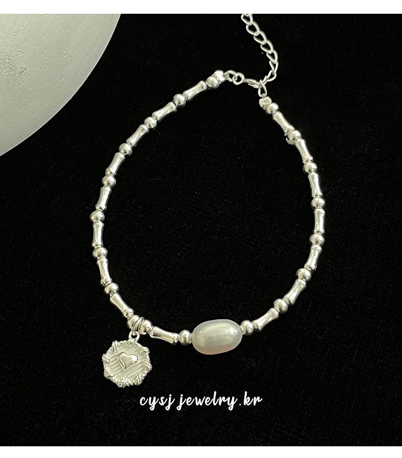 S925 Sterling Silver Korean Bamboo Pearl Heart Bracelet - Women's Niche Cold Style Trendy Jewelry