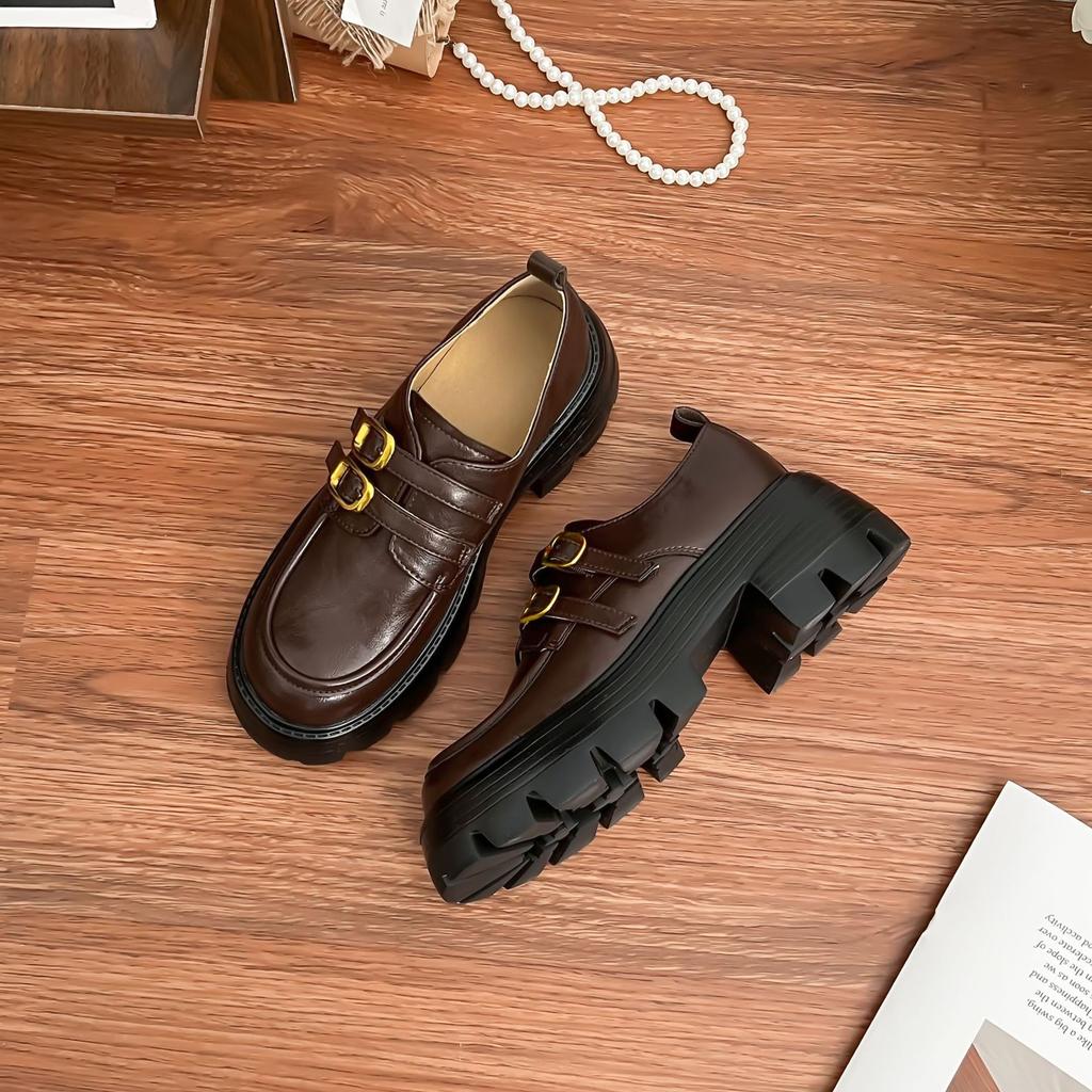 Yuanlitong Spring New Thick-soled Heightening Small Leather Shoes Women's Versatile Uniform Women's Shoes Horse Leather Pattern Small Gold Buckle Loa