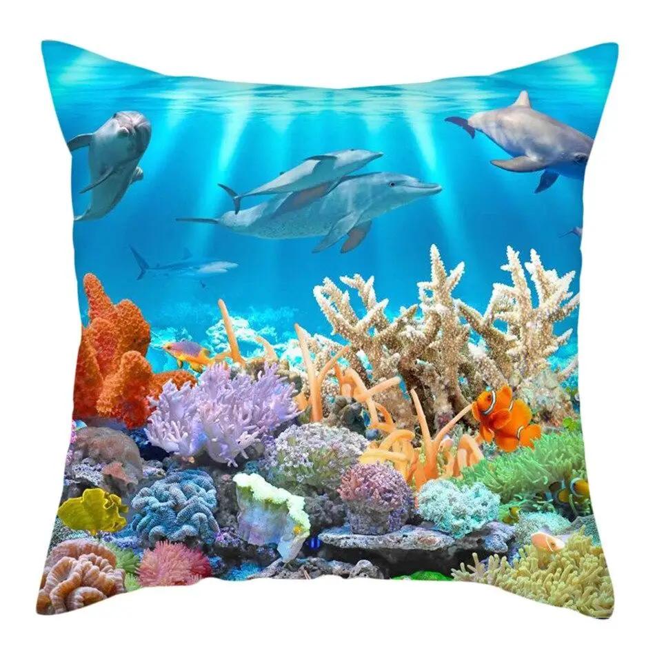 Colorful Sea World Pillowcase Cute Dolphin Pattern Cushion Cover Home Sofa Car Decoration